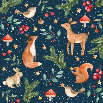 Serviettes de Noël bleu nuit avec animaux de la forêt, sapins, baies et étoiles dorées | jourdefete.com