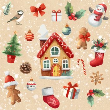 Serviettes de Noël cocktail 25x25cm motif maison pain d’épices My Little House | jourdefete.com