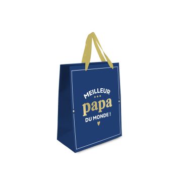Sac cadeau bleu marine et doré avec texte Meilleur papa du monde pour la fête des pères | jourdefete.com