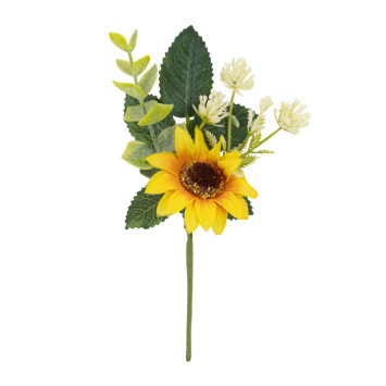 Branche de tournesol et feuillage jaune et vert 15 cm – décoration champêtre et festive | jourdefete.com