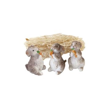 Lot de 3 lapins bruns en résine avec carotte et paille, déco de Pâques | jourdefete.com