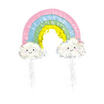 Découvrez la pinata arc-en-ciel avec un petit nuage blanc à chaque extrémité.