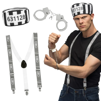 Homme déguisé avec un set de prisonnier 3 pièces incluant bretelles rayées, calot et menottes | jourdefete.com