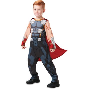 Garçon portant un déguisement de Thor avec une combinaison armure imprimée et une cape rouge | jourdefete.com