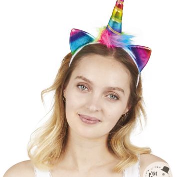 Serre-tête licorne arc-en-ciel avec corne et oreilles colorées | jourdefete.com