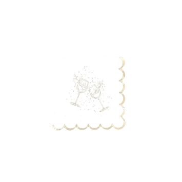 Serviettes cocktail Bubbles Party blanc et or avec verres à vin et bord festonné | jourdefete.com