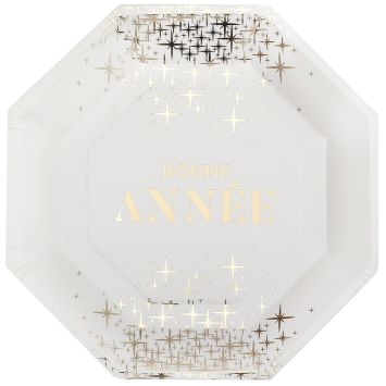 Assiettes blanches "Bonne Année" avec motifs étoilés dorées | jourdefete.com