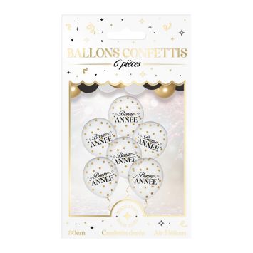 Sachet de 6 ballons transparents confettis dorés inscription Bonne Année 30 cm pour réveillon | jourdefete.com