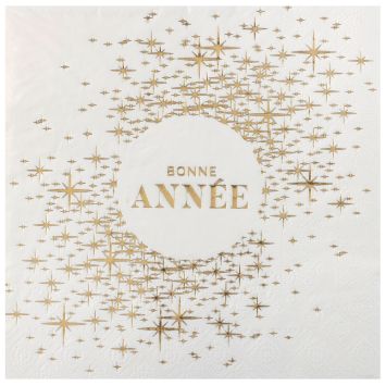 Serviettes blanches "Bonne Année" avec étoiles dorées scintillantes | jourdefete.com
