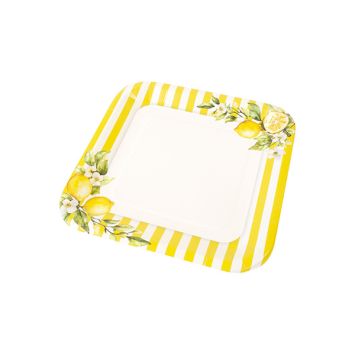 Assiettes carrées citron et rayures jaunes pour table de mariage estivale | jourdefete.com