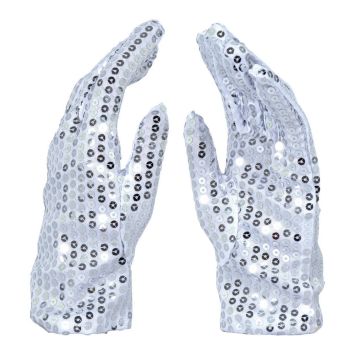 Gants blancs recouverts de sequins brillants argentés pour déguisement star de la musique | jourdefete.com