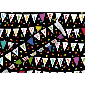 Papier cadeau Happy Birthday Fanion Noir avec fanions multicolores | jourdefete.com