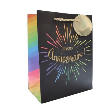 Sac cadeau Joyeux Anniversaire noir avec feux d’artifice multicolores et poignées dorées | jourdefete.com