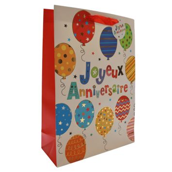 Sac cadeau Joyeux Anniversaire avec ballons colorés et texte multicolore | jourdefete.com