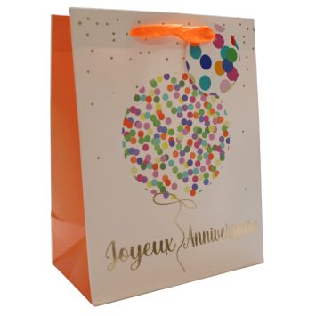 Sac cadeau Joyeux Anniversaire ballons multicolores avec poignées ruban orange | jourdefete.com