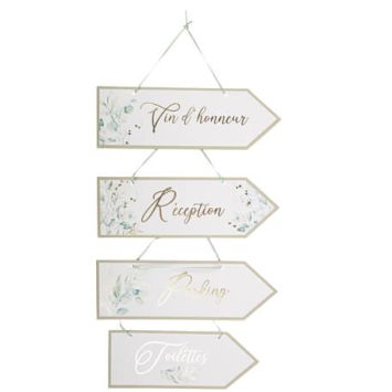 Kit de 4 Flèches Directionnelles Sauge Green Blanc, Vert Sauge et Or 30 x 10 cm et 25 x 10cm + Ruban Satin Vert Sauge | jourdefete.com