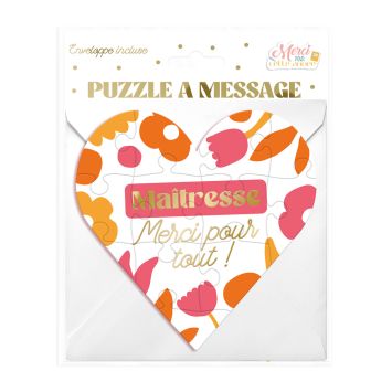 Puzzle cœur message Merci Maîtresse avec fleurs rose et orange | jourdefete.com