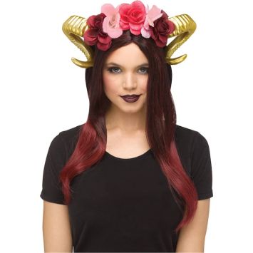 Serre-tête maléfique avec cornes de bélier et fleurs - Couleur au choix