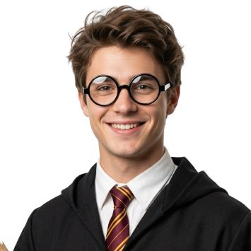 Homme déguisé en apprenti magicien portant des lunettes rondes noires épaisses de sorcier | jourdefete.com