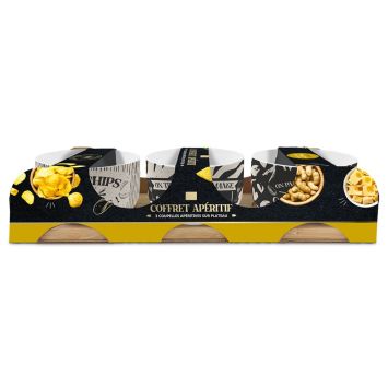 Coffret Apéritif 3 coupelles sur plateau en bois pour présentation de snacks | jourdefete.com
