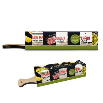 Coffret apéro avec planche à tapas et trois ramequins céramique décorés | jourdefete.com