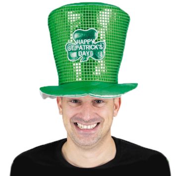 Chapeau haut de forme Happy Saint-Patrick’s Day vert et brillant | jourdefete.com