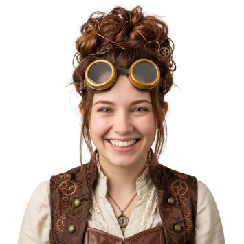 Femme souriante portant des lunettes rétro-punk dorées sur ses cheveux coiffés avec des engrenages | jourdefete.com