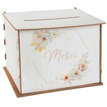 Tirelire de mariage en bois avec motifs floraux pastel et inscription "Merci" | jourdefete.com