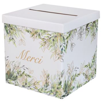 Une jolie tirelire avec écrit "Merci" composée de motifs de feuilles vertes et dorées | jourdefete.com