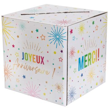 Tirelire anniversaire blanche avec feux d’artifice et message Joyeux Anniversaire | jourdefete.com