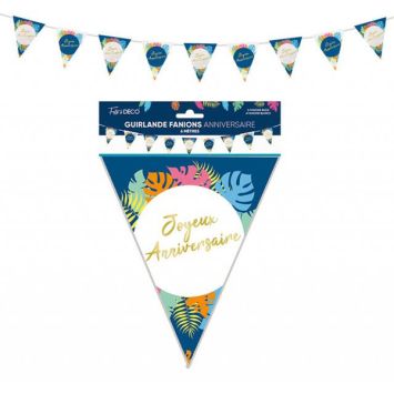 Guirlande fanions tropicale avec inscription « Joyeux Anniversaire » et motifs colorés | jourdefete.com