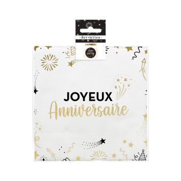 Serviettes blanches et dorées "Joyeux Anniversaire" pour décoration de table | jourdefete.com