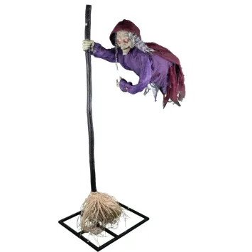 Sorcière volante avec balai d'Halloween animée sur pieds - 195 cm