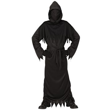 Enfant portant un déguisement de faucheur noir avec une longue robe à bords déchirés et une capuche masquant totalement le visage | jourdefete.com