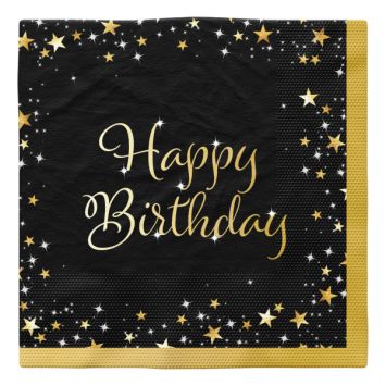 Serviettes Happy Birthday étoilées noires et or 33x33 cm lot de 16 pour anniversaire adulte | jourdefete.com