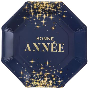Assiettes bleu "Bonne Année" avec motifs étoilés dorées | jourdefete.com