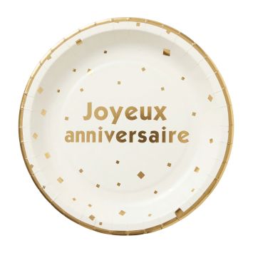 Assiettes en carton blanches avec détails dorés Joyeux Anniversaire | jourdefete.com