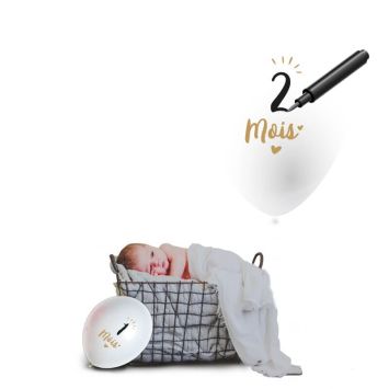10 Ballons Mois Grossesse ou Bébé - Blanc et Or