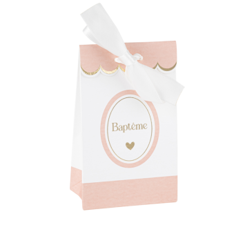 10 sachets "Baptême" avec ruban satiné - 7,5 x 12,5 x 4,5 cm - Collection Baptême Blanc et Or - Couleur au choix