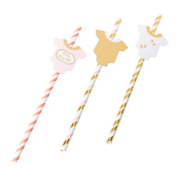 12 pailles en papier avec étiquettes - 19,5 cm - Collection Petite Merveille & Petit Trésor - Modèle au choix