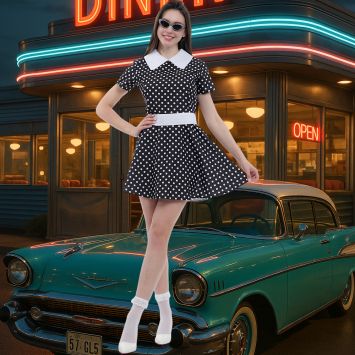 Déguisement de Robe Noire à Pois des Années 50 pour femme - Taille au choix