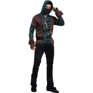 Costume d’archer médiéval pour homme avec capuche verte et lanières en cuir | jourdefete.com
