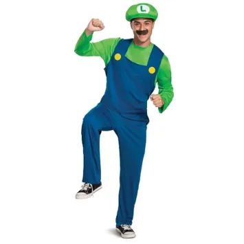 Déguisement Luigi adulte Super Mario avec combinaison verte et bleue, moustache adhésive et casquette verte | jourdefete.com