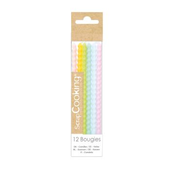 12 bougies longues torsadées - 12 cm - Couleur Pastel
