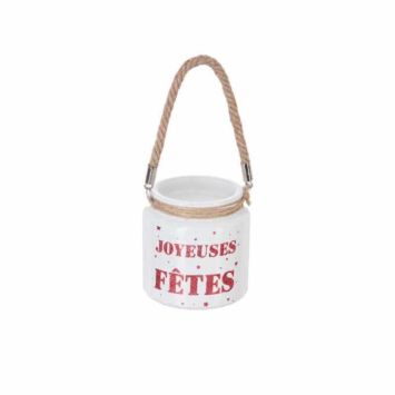 Photophore blanc avec son texte rouge à paillettes "Joyeuses Fêtes" et son anse en corde