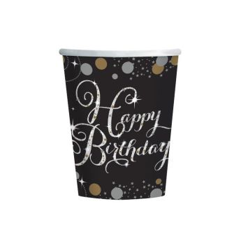 8 Gobelets "Happy Birthday" - Argent / Noir