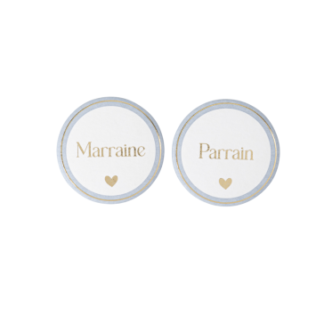 Badges "Marraine" et "Parrain" bleu orage, blanc et or pour baptême | jourdefete.com
