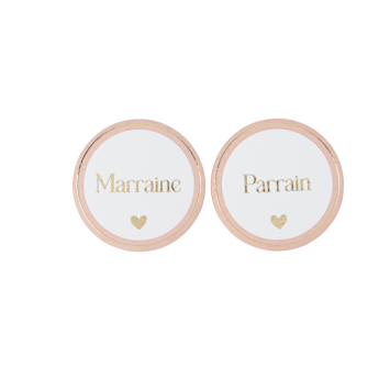2 badges "Parrain / Marraine" - Diamètre 5 cm - Collection Baptême Blanc et Or - Couleur au choix