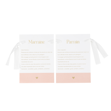 2 cartes "Parrain / Marraine" - 13 x 18 cm - Collection Baptême Blanc et Or - Couleur au choix
