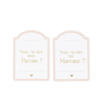 2 stickers bouteille "Veux-tu être mon parrain / ma marraine" - 8 x 11 cm - Collection Baptême Blanc et Or - Couleur au choix